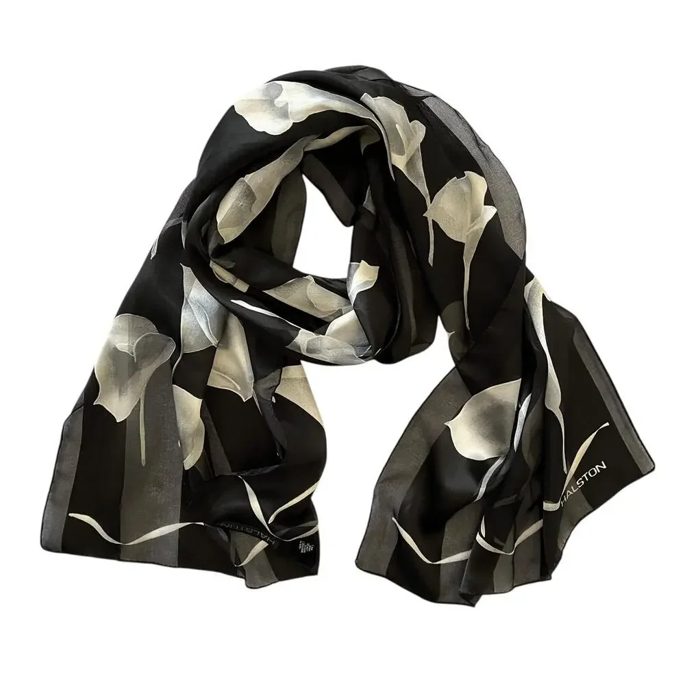 Vintage Halston Calla Lily Italian Striped Chiffon Opaque Monochrome Long Scarf